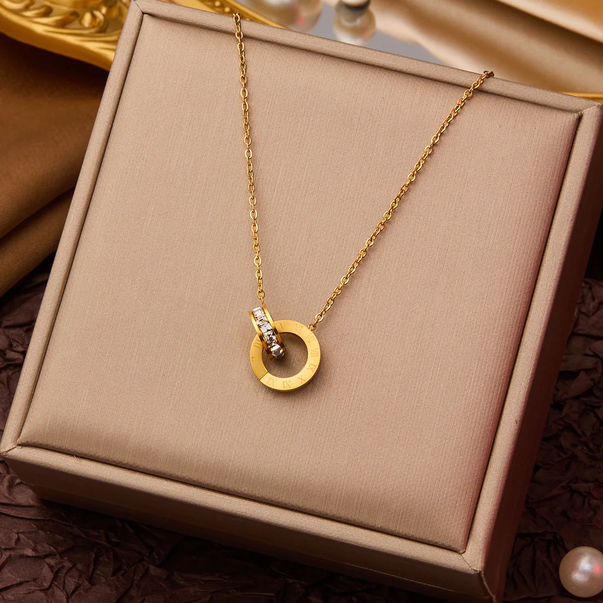 f46a9768-147b-4380-8343-e508b6591992 Double Ring Roman numeral Pendent- GOLD - Image 1