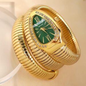 Snake Motif Watch — Green Dial, Gold Chain