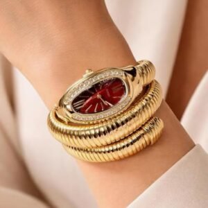 Serpent-Style Watch — Maroon Dial & Gold Chain