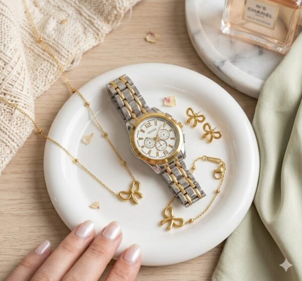 Rolex Watch and Bow Set Combo (Copy) anti-tarnish jewellery from Glossy.pk, Lahore