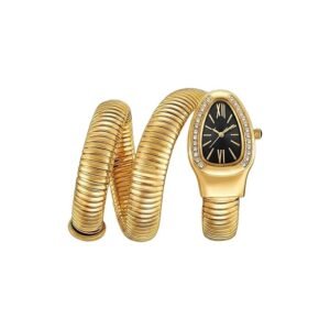 Snake Motif Watch — Black Dial, Gold Chain