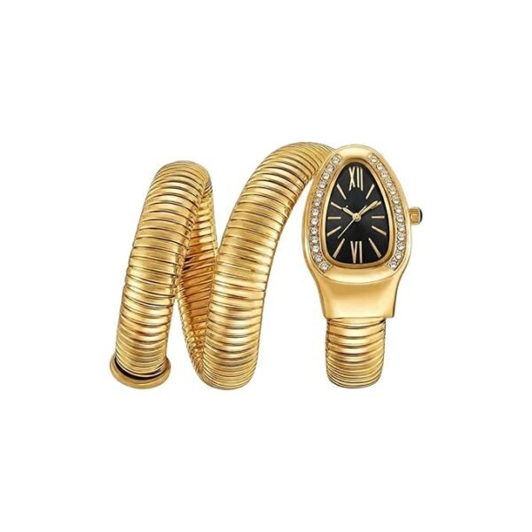 Snake Motif Watch — Black Dial, Gold Chain — snake watch black dial | Glossy.pk
