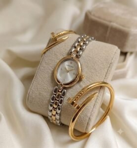 Watch & Stainless‑Steel Handcuff Bracelet with Ring (Cartier-style) product photo 2 | Glossy.pk Pakistan