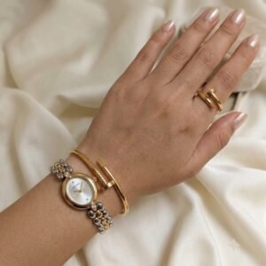 Watch & Stainless‑Steel Handcuff Bracelet with Ring (Cartier-style)