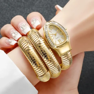 Snake Motif Watch — White Dial, Gold Chain