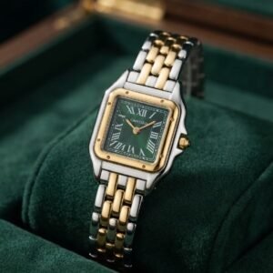 Silver-Gold Square Watch — Green Dial