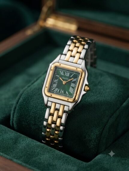 Cartier Silver Gold Square Watch -Green Dial