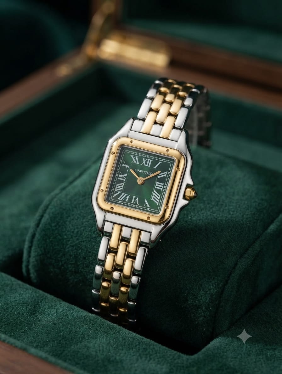 6462b1cf-aa61-4121-9623-aed786b16211 Cartier Silver Gold Square Watch -Green Dial - Image 1