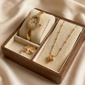 Golden Bangle Watch & Heart Bracelet Set