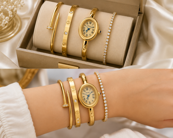 4pc Bangel Watch and Cartier Combo anti-tarnish jewellery from Glossy.pk, Lahore