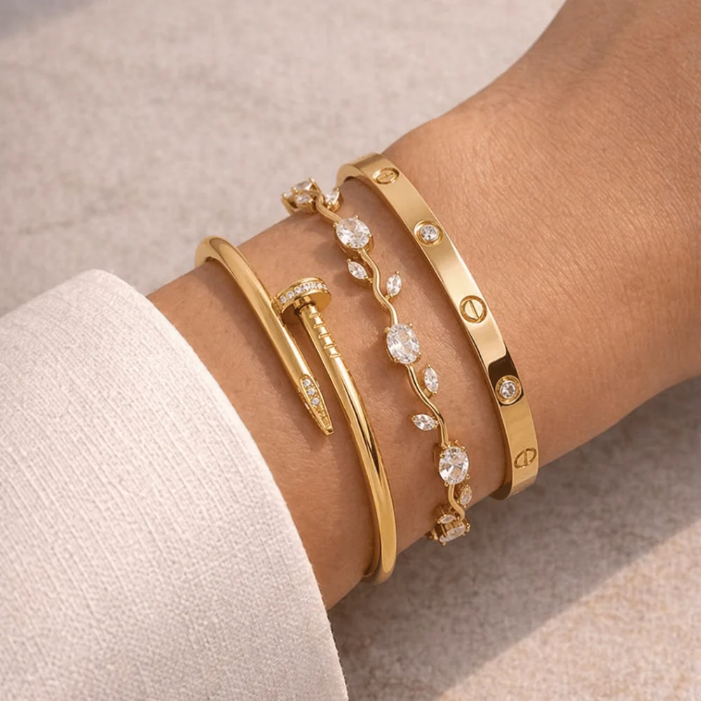 luxe-gold-bracelet-stack-combo-model-wrist 3pc Trendy Cartier and Tulip Bracelet Hand Stack - Image 1